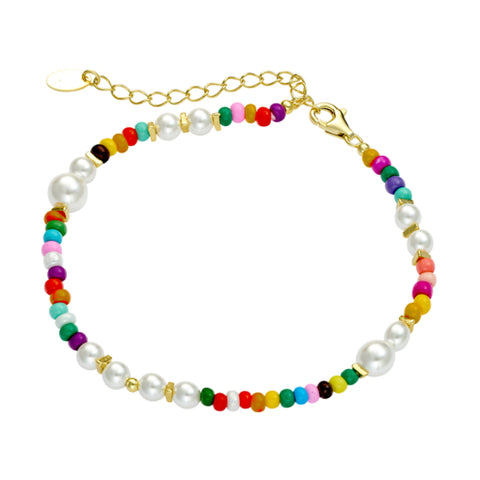 Sterling Silver Gold Plated Alternating Pearl & Colourful Miyuki Bead Bracelet