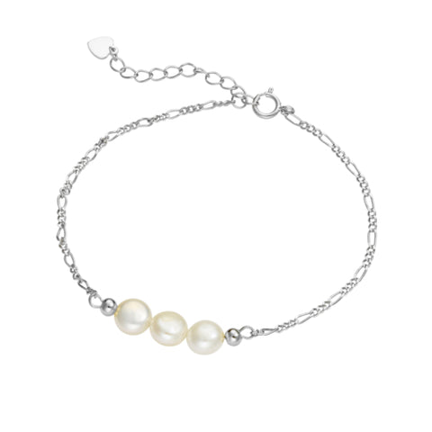 Sterling Silver Fine Figaro Chain Bracelet With Freshwater Pearls