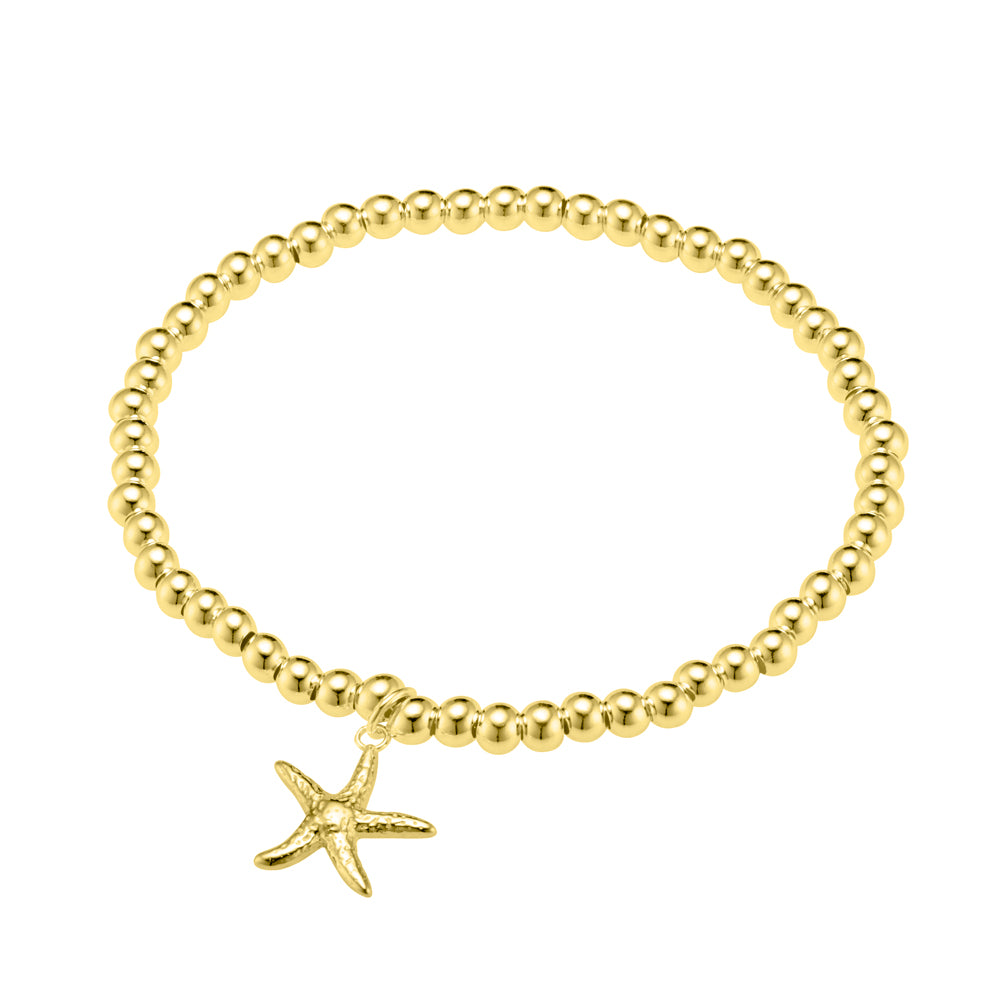 Sterling Silver Gold Plated Elastic Ball Bracelet With Starfish Charm