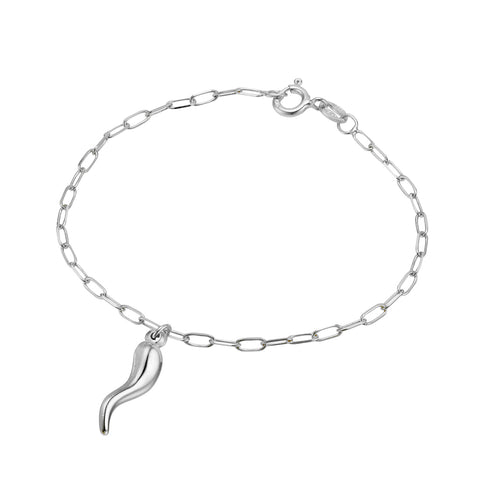 Sterling Silver Petite Paperclip Link Bracelet With Cornicello Charm