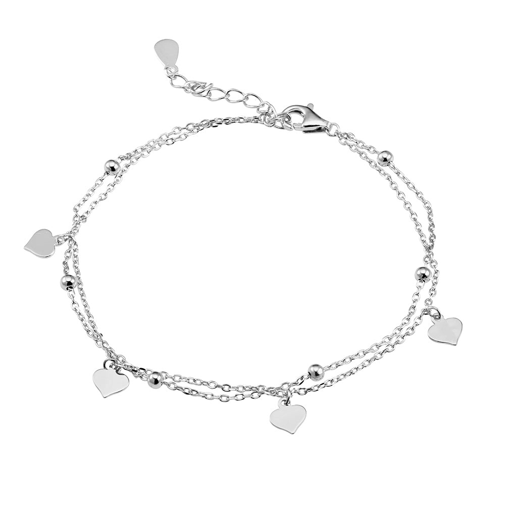 Sterling Silver Double Chain Bracelet Dangling Heart And Ball Detail