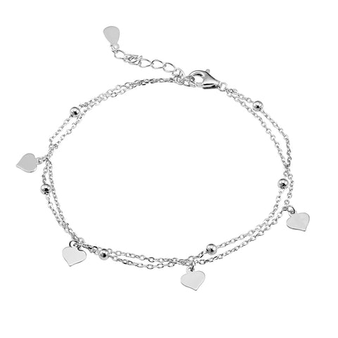 Sterling Silver Double Chain Bracelet Dangling Heart And Ball Detail