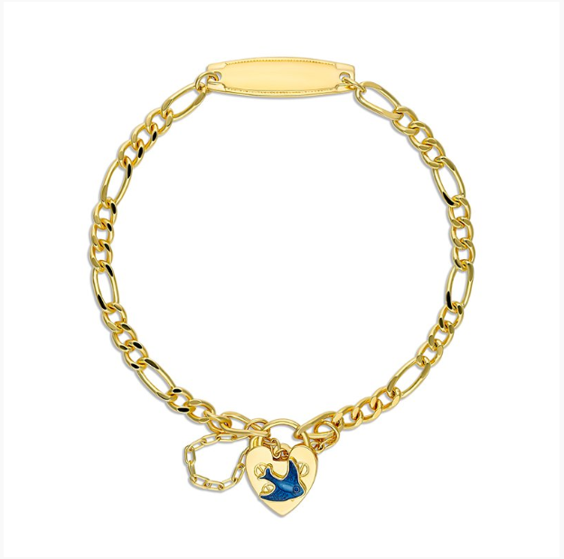 Gold Plated Figaro Blue Bird Baby Bracelet With Id