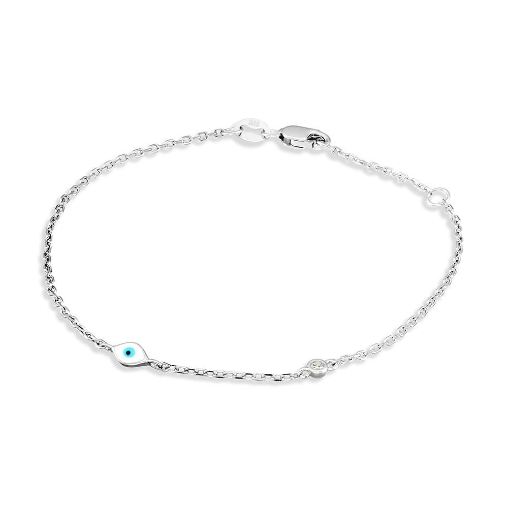 Sterling Silver Enamel Evil Eye With Cubic Zirconia Fine Link Bracelet