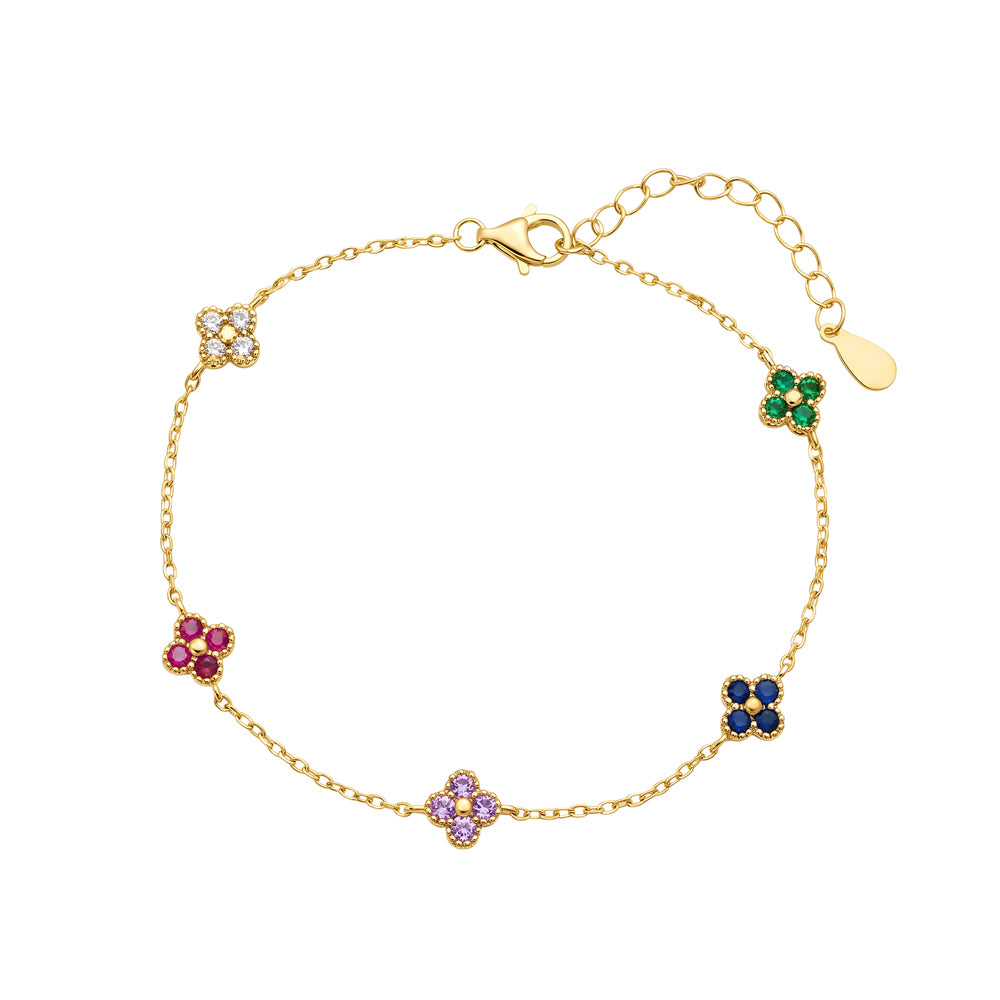 Gold Plated Multi-Coloured Cubic Zirconia Fine Flower Bracelet