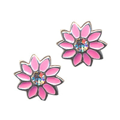 Sterling Silver Pink Enamel Flower Studs With Cubic Zirconia