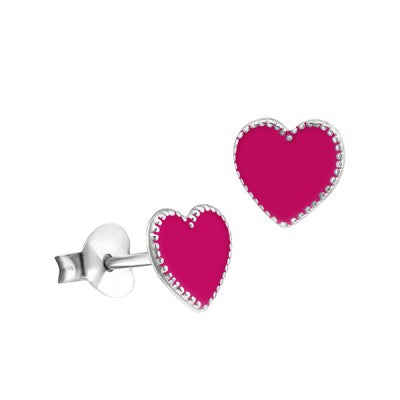 Sterling Silver Hot Pink Enamel Heart Stud Earrings