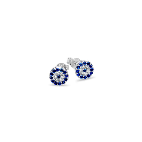 Sterling Silver Clear And Dark Blue Cubic Zirconia Evil Eye Stud Earrings