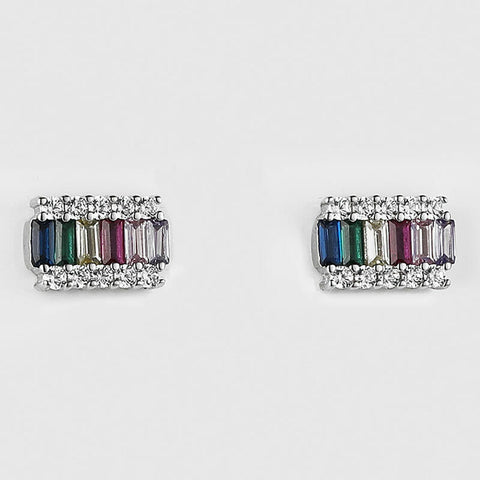 Sterling Silver Rhodium Plated Multi Colour Cubic Zirconia Rectangle Studs