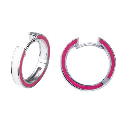 Sterling Silver White & Pink Enamel Huggies