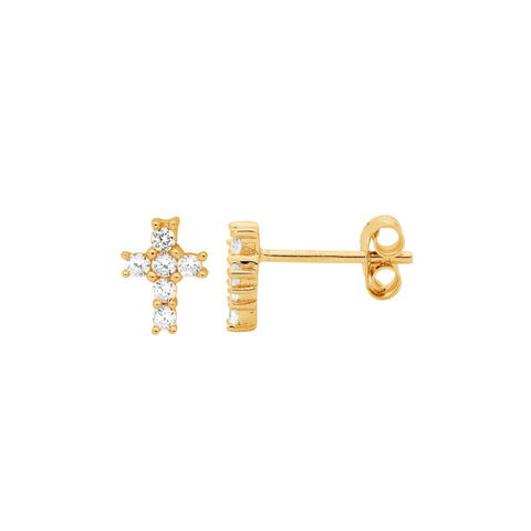 Sterling silver gold plated cubic zirconia claw set cross studs