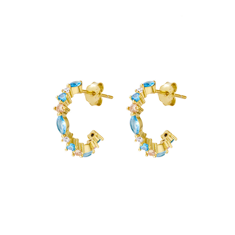 Sterling Silver Gold Plated Hoop Earring With Light Blue Cubic Zirconia