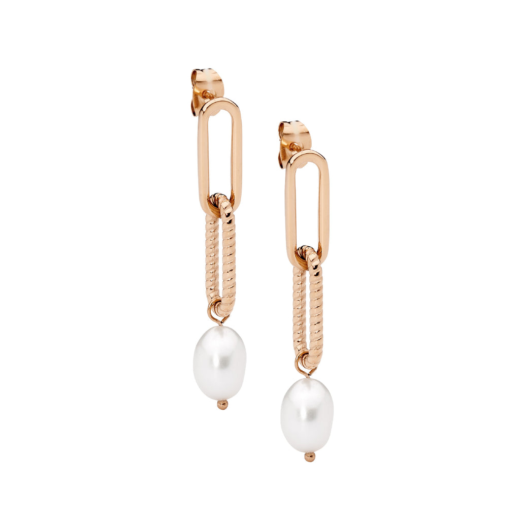 Stainless Steel Rose Gold Plated Paperclip Earrings With Freshwater Pearl