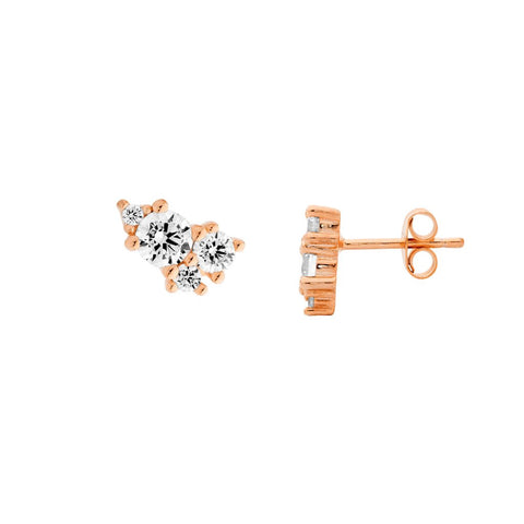 Sterling Silver Rose Gold Plated Multi Cubic Zirconia Cluster Stud Earrings