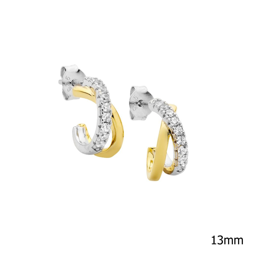 Sterling Silver Gold Plated 13mm Cross Over Hoop Earrings