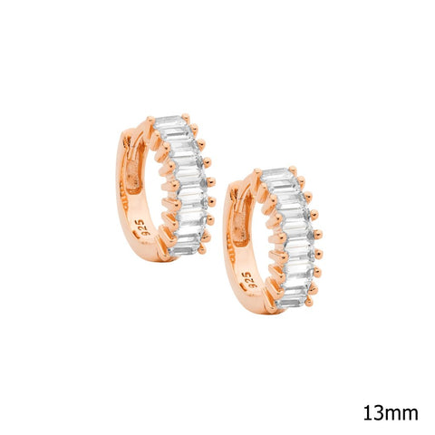 Sterling Silver Rose Gold Plated Claw Set Baguette Hoop Earrings