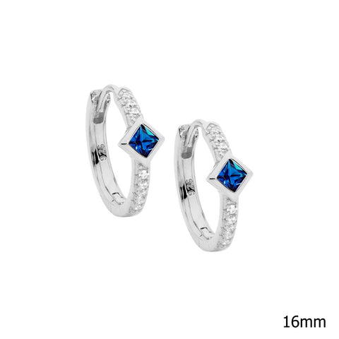 Sterling Silver 16mm Hoop Earrings Dark Blue Princess Cut Cubic Zirconias