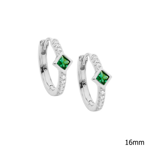 Sterling Silver 16mm Hoop Earrings Green Princess Cut Cubic Zirconias