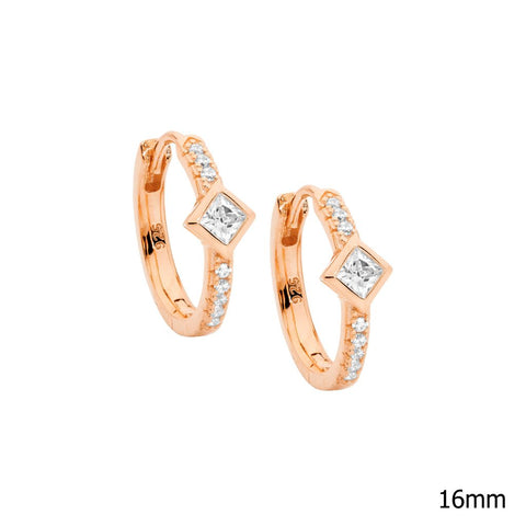 Sterling Silver Rose Gold Plated 16mm Hoop Earrings Princess Cut Cubic Zirconias