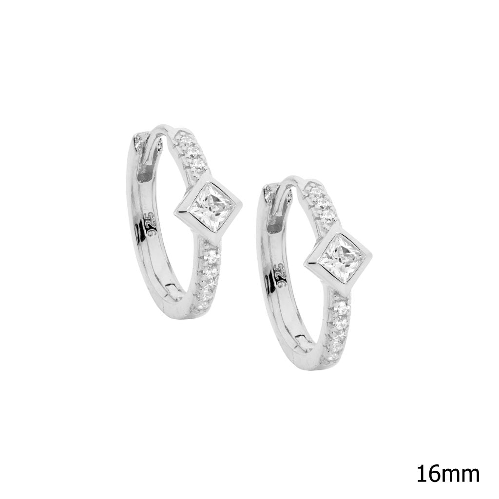 Sterling Silver 16mm Hoop Earrings Princess Cut Cubic Zirconias