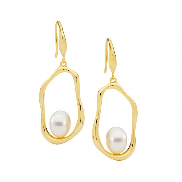 Sterling Silver Gold Plated Open Wave Freshwater Pearl Earrings