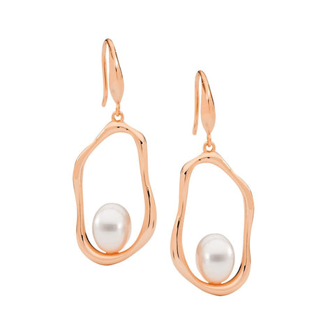 Sterling Silver Rose Gold Plated Open Wave Freshwater Pearl Earrings