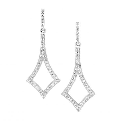 Sterling Silver 40mm Open Diamond Shaped Drop Earrings With Cubic Zirconias