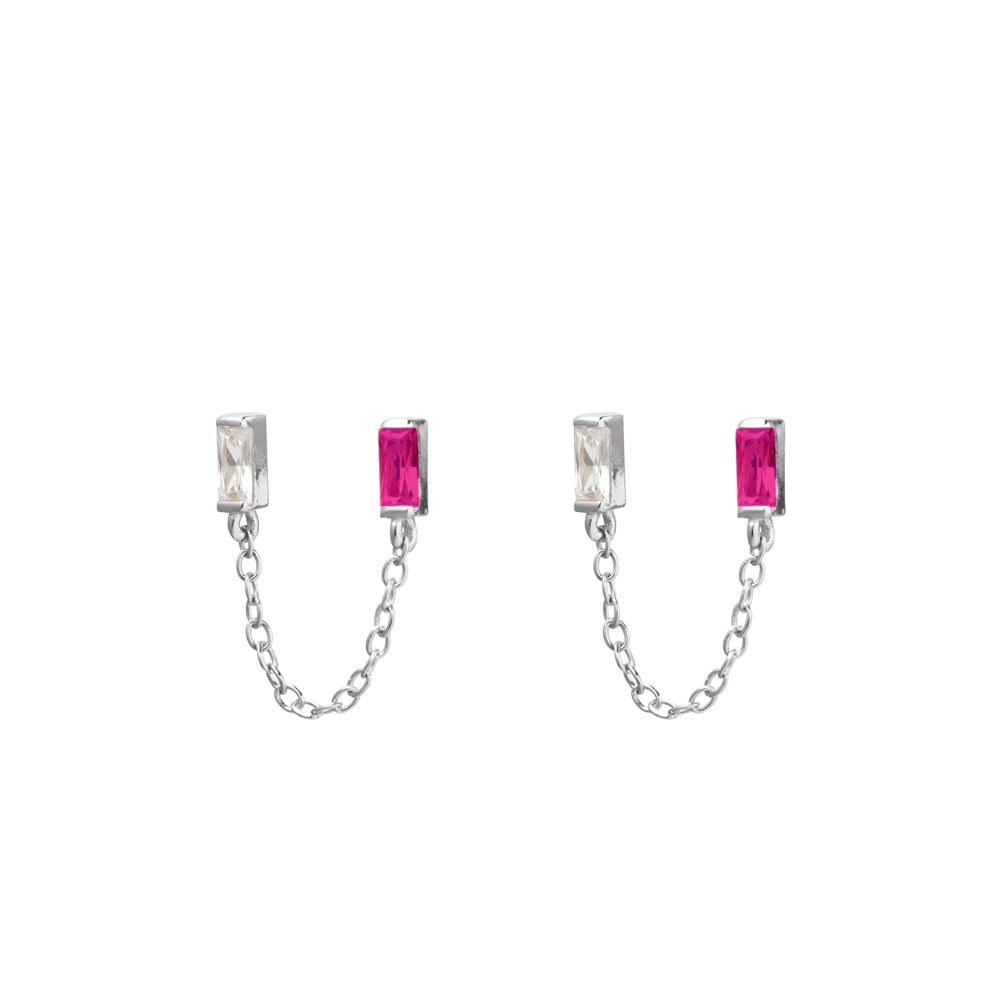 Sterling Silver Ruby Pink & Clear CZ Stud Earrings With Chain