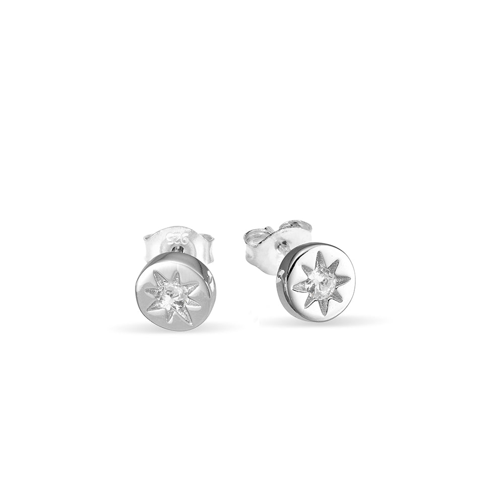 Sterling Silver North Star CZ 5mm Circle Stud Earrings