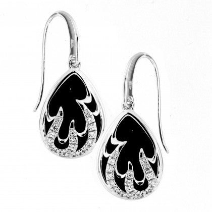 Sterling Silver Rhodium Plated Drop Earrings With Black Agate And Cubic Zirconia