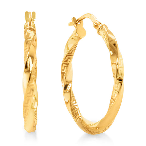 9ct Yellow Gold Silver Filled Twist With Grecian Pattern Hoop Earrings