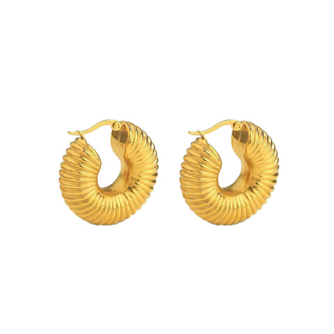 Stainless Steel Gold Plated Tubular Ribbed Hoop Earrings