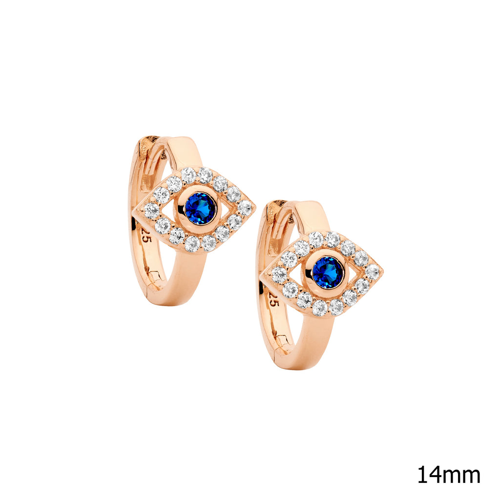 Sterling Silver Rose Gold Plated Evil Eye Huggies