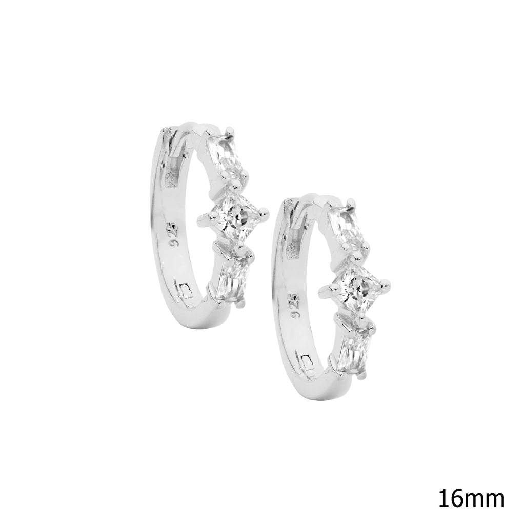 Sterling Silver Baguette And Princess Cut Cubic Zirconia Huggies