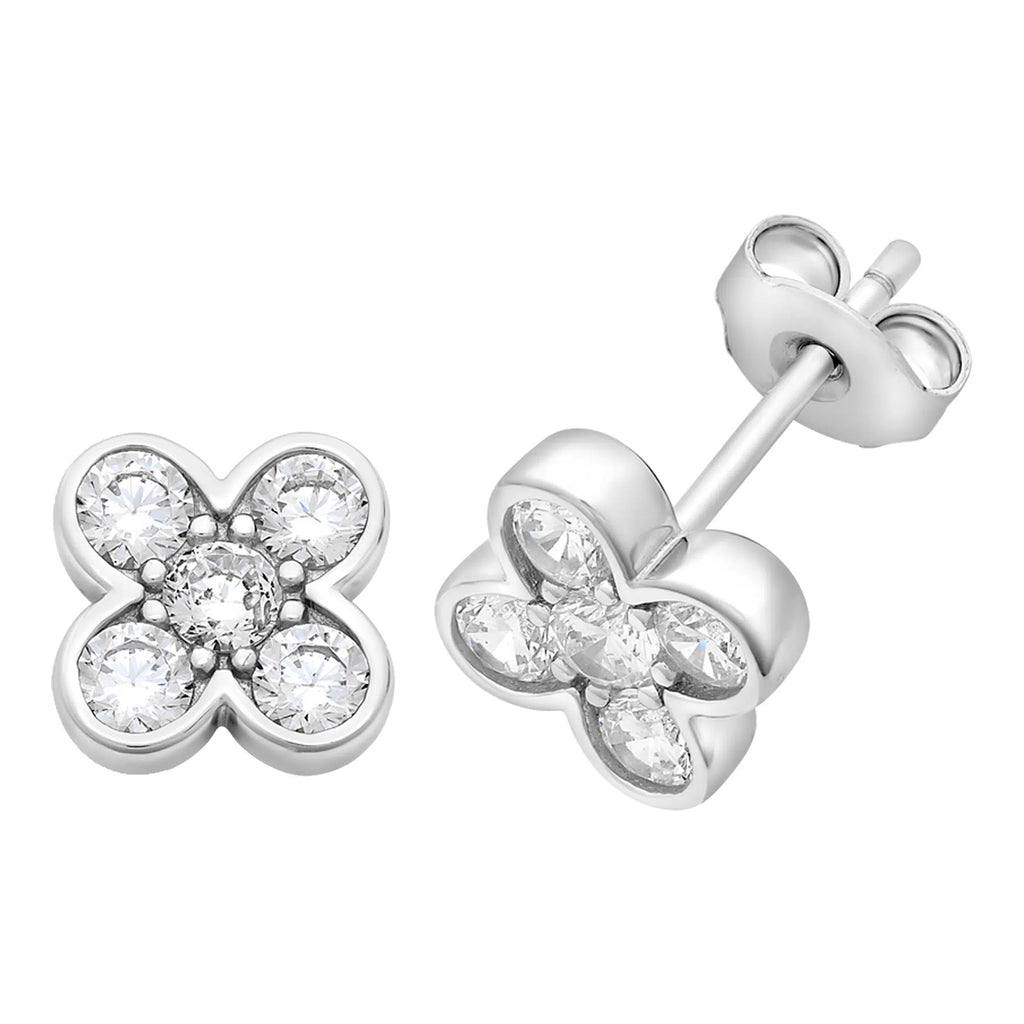 Sterling Silver Cubic Zirconia Clover Stud Earrings