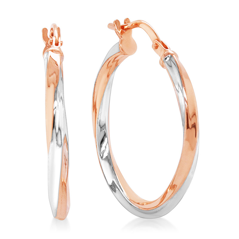 9ct Rose And White Gold Silver Filled Twist Hoop Earrings