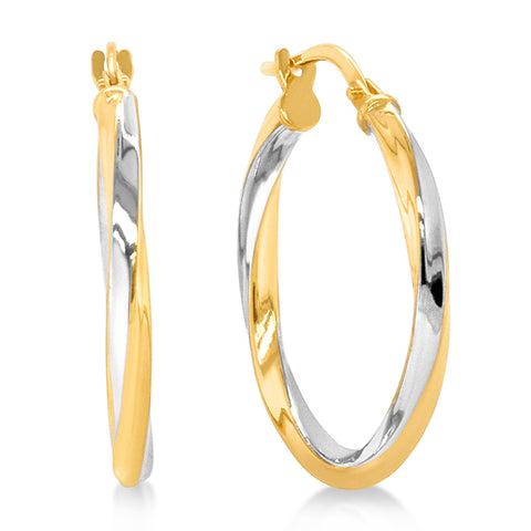 9ct Yellow And White Gold Silver Filled Twist Hoop Earrings