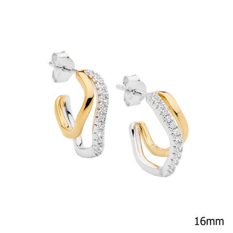 Sterling silver and gold plated double wave hoop earrings with cubic zirconias