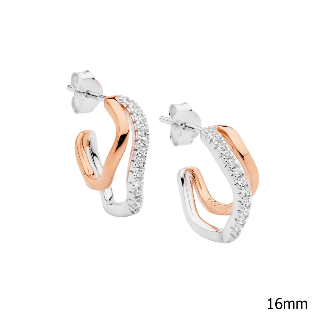 Sterling Silver And Rose Gold Plated Double Wave Hoop Earrings With Cubic Zirconias