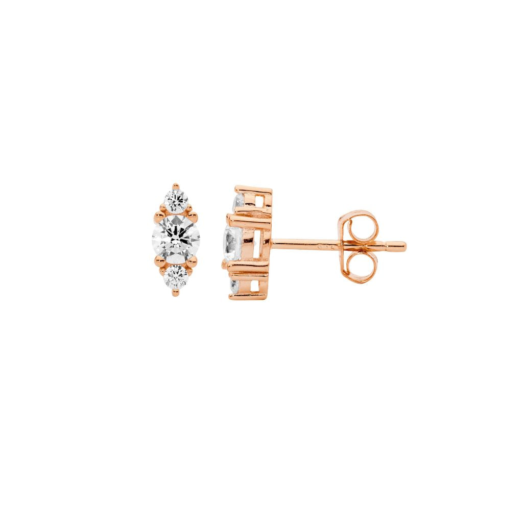 Sterling Silver Rose Gold Plated Stacked Cubic Zirconia Stud Earrings