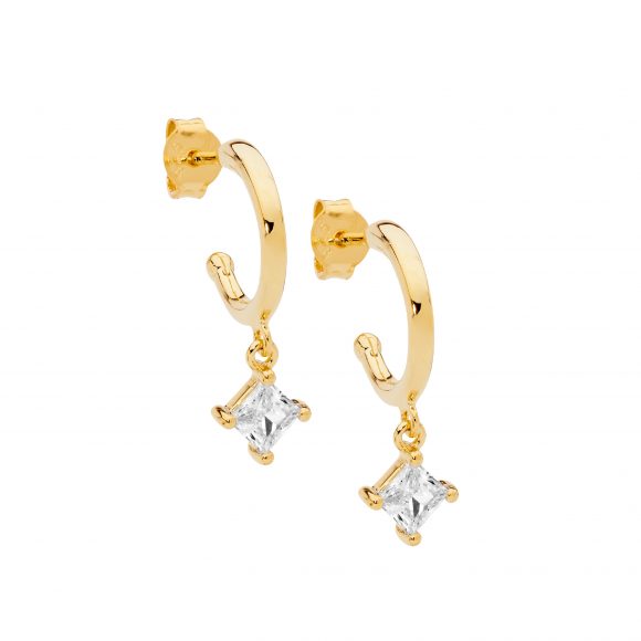 Sterling Silver Gold Plated Hoop Earrings With Drop Princess Cut Cubic Zirconias