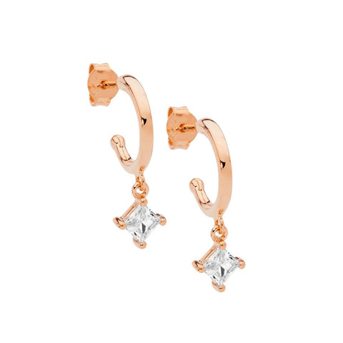 Sterling Silver Gold Plated Hoop Earrings With Drop Princess Cut Cubic Zirconias