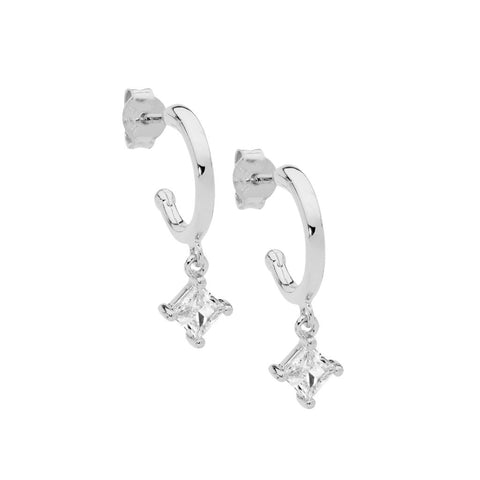 Sterling Silver Hoop Earrings With Drop Princess Cut Cubic Zirconias