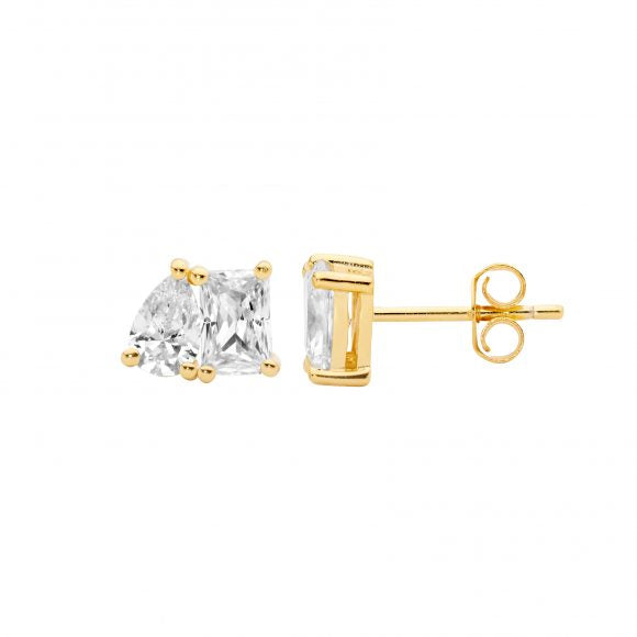 Sterling silver gold plated Toi Et Moi emerald & pear cut cubic zirconia stud earrings