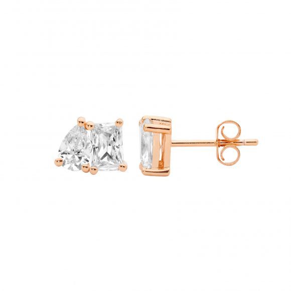 Sterling Silver Rose Gold Plated Toi Et Moi Emerald & Pear Cut Cubic Zirconia Stud Earrings