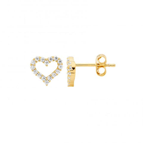 Sterling Silver Gold Plated Cubic Zirconia Open Heart Stud Earrings