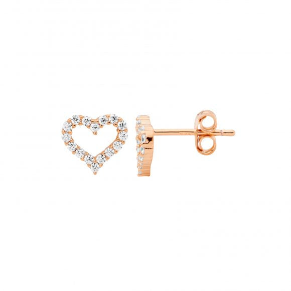 Sterling Silver Rose Gold Plated Cubic Zirconia Open Heart Stud Earrings