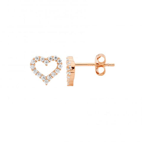 Sterling Silver Rose Gold Plated Cubic Zirconia Open Heart Stud Earrings