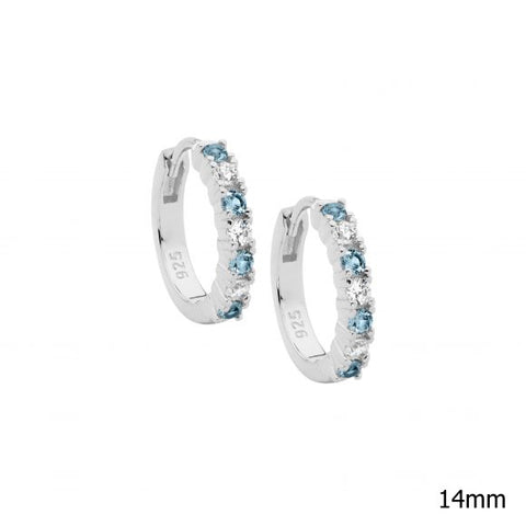 Sterling Silver Light Blue And Clear Cubic Zirconia Huggies