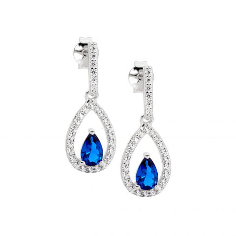 Sterling Silver Open Pear Earrings With Dark Blue Pear Cut Centre Cubic Zirconia